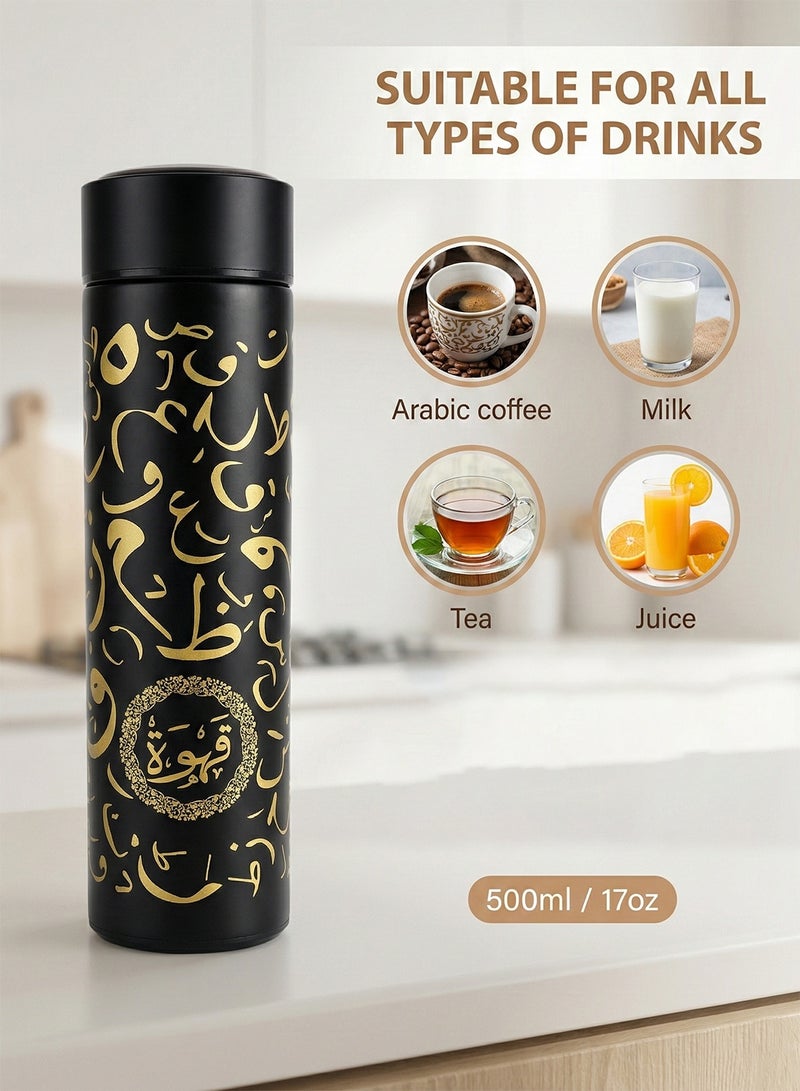 YOONISPRO Arabic Coffee Thermos Gift Set, 3-Piece Set with 500ml 304 Stainless Steel Double-Wall Insulated Thermos and 2 Coffee Cups, Elegant Arabic Calligraphy Design, Ideal Gift for Home and Office - Image 5